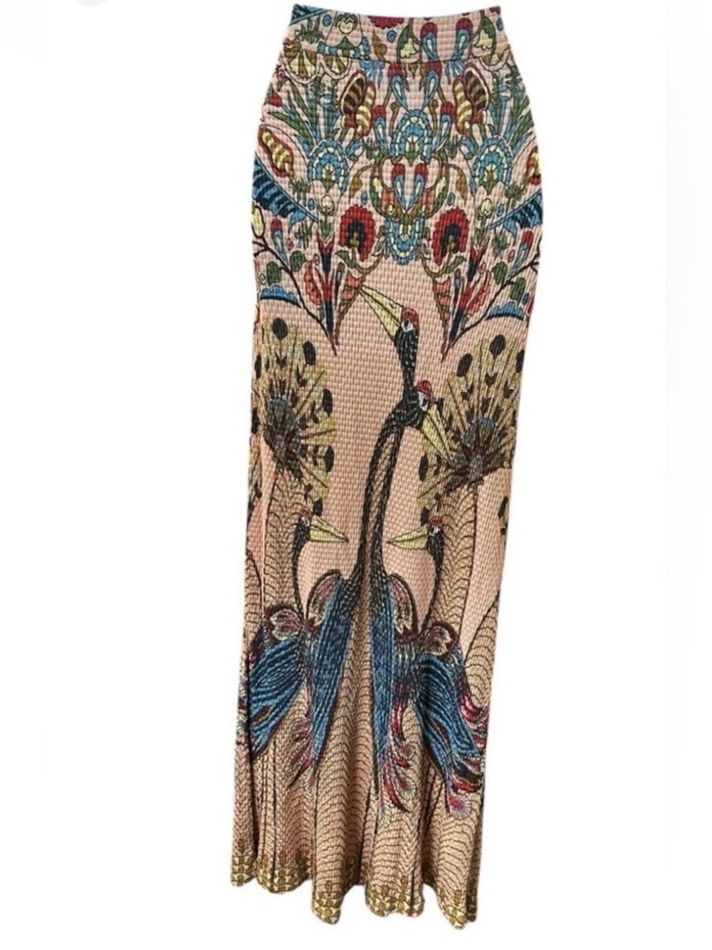 Anthropologie Peach Maxi Skirt with Blue & Red Peacock Print - Picture 3 of 14